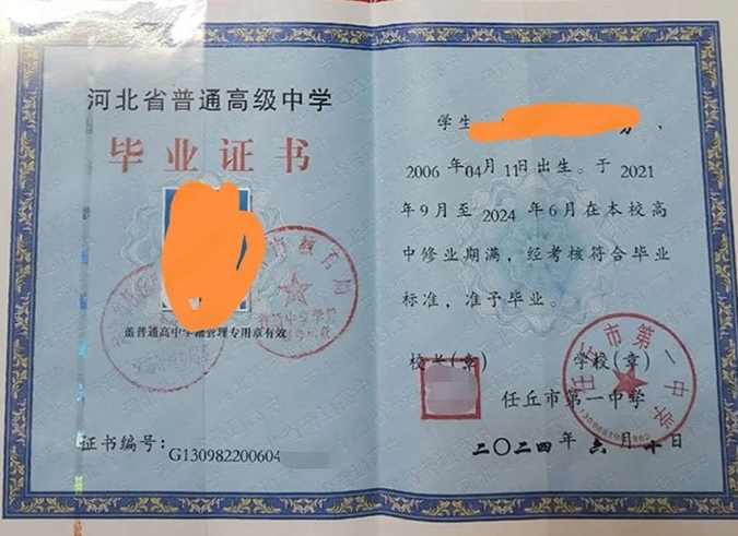 邗江任丘市第一中学高中毕业证样本图片